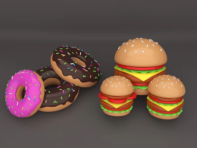 Colorful Frosted Donuts With Sprinkles And Juicy Hamburgers With Fresh Toppings 3d model