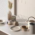 Elegant Modern Kitchenware Set On White Countertop With Plates Bowls Kettle And Goblets