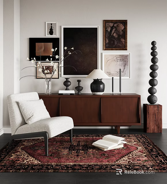 Modern Entryway Interior Design With Brown Wooden Side Cabinet Decorative Vase Lamp And Wall Art 3d model 