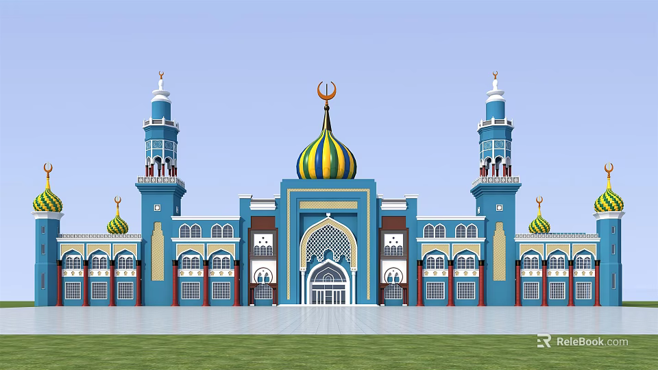 Islamic Religious Mosque Architecture With Blue Minarets Green Yellow Dome 3d model 