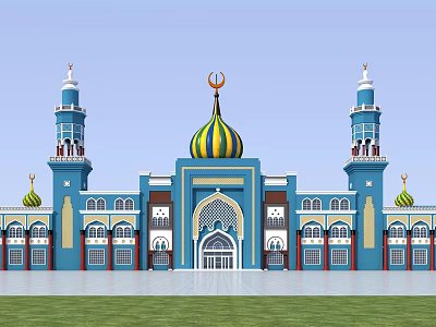 Islamic Religious Mosque Architecture With Blue Minarets Green Yellow Dome 3d model