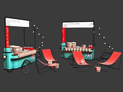 Colorful Ice Cream Cart With Red Folding Chairs Paper Cups And String Lights 3d model