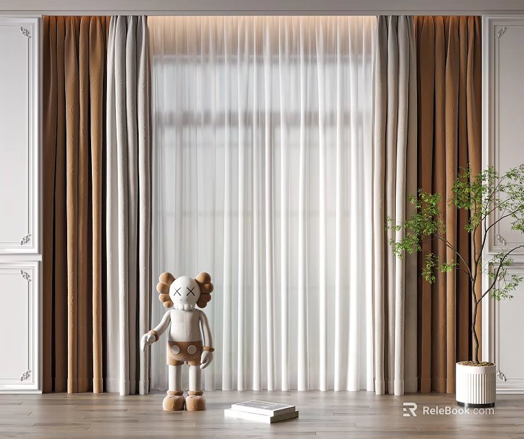 Modern Luxury Curtain Design With Sheer Voile And Beige Brown Panels By Window Plant 3d model 