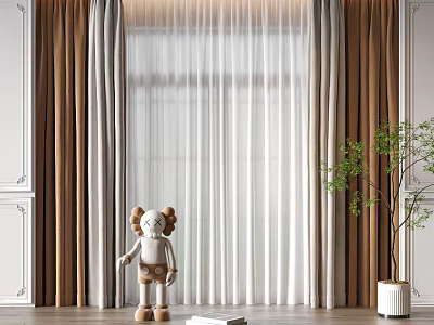 Modern Luxury Curtain Design With Sheer Voile And Beige Brown Panels By Window Plant 3d model