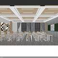 Modern School Classroom Interior With Smart Board Student Desks Bookshelves And Wooden Ceiling
