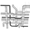 Industrial Metal Pipes in Complex Factory Structure with Support Frames and Mechanical Details