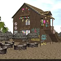 Beachfront Wooden Cabin With Thatched Umbrellas Outdoor Seating And String Lights On Sandy Beach