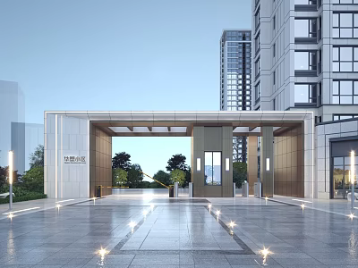 Modern Entrance Gate in Contemporary Residential Area with High Rise Buildings and Paved Plaza 3d model