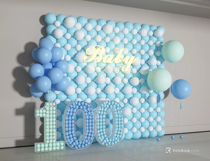 Baby 100 Days Celebration Balloon Wall With Blue White Decorations 3d model 