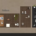 Modern Photo Wall With Corkboard Photos Notes Pegboard Shelves And Decorative Plants