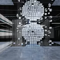 Modern Contemporary Interior Space With Geometric Cube Decor Digital Screens And Lighting Design