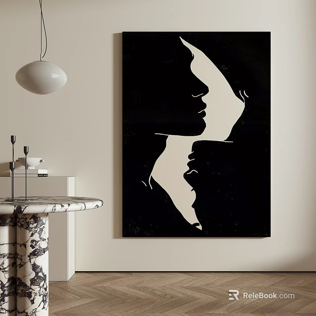 Modern Interior With Black White Silhouette Artwork And Marble Table Lamp 3d model