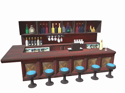 Wooden Bar Counter With Shelves Colorful Bottles Glasses And Blue Stools 3d model