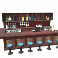 Wooden Bar Counter With Shelves Colorful Bottles Glasses And Blue Stools
