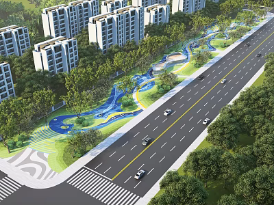 Urban Park Landscape With Green Areas Walking Paths Trees And Water Features 3d model