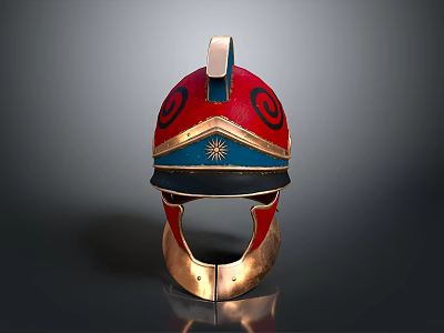Ancient Ornate Helmet with Red Blue Gold Spiral Patterns Star Emblem as Historical Weapon Gear 3d model
