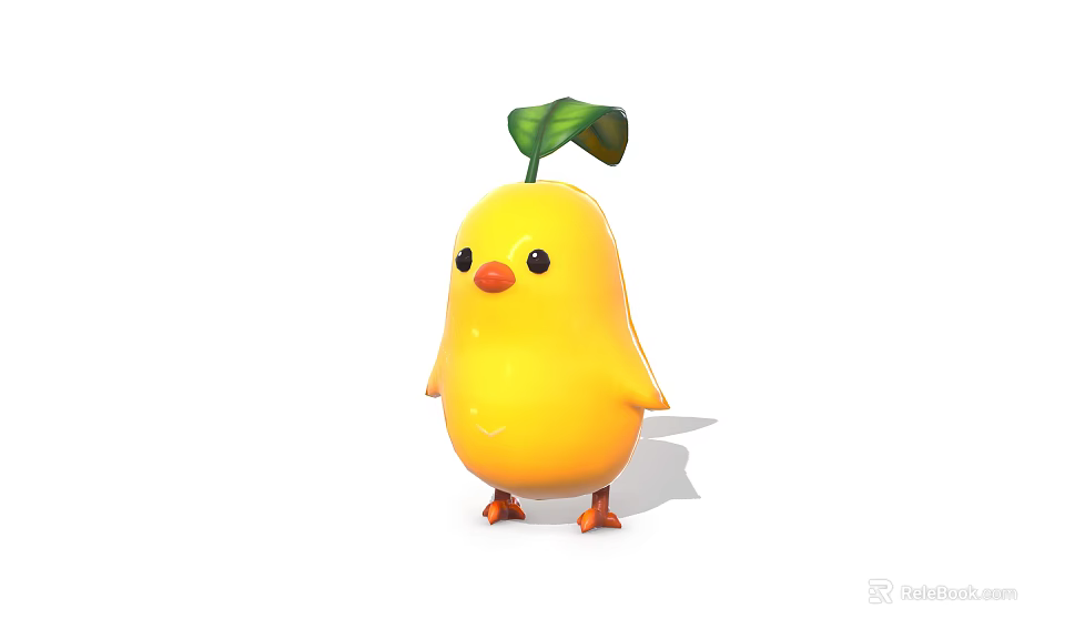 Cute Yellow Cartoon Chick With Green Leaf On Head And Plump Adorable Body 3d model 