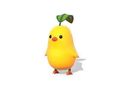 Cute Yellow Cartoon Chick With Green Leaf On Head And Plump Adorable Body 3d model