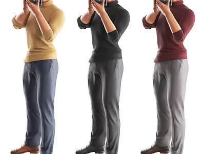 Three People Taking Photos With Cameras In Different Colored Turtleneck Sweaters And Pants 3d model