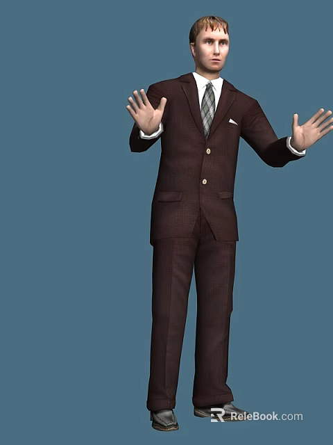 Detailed 3D Game and Movie Character Male in Brown Suit with Hands Open Pose 3d model 