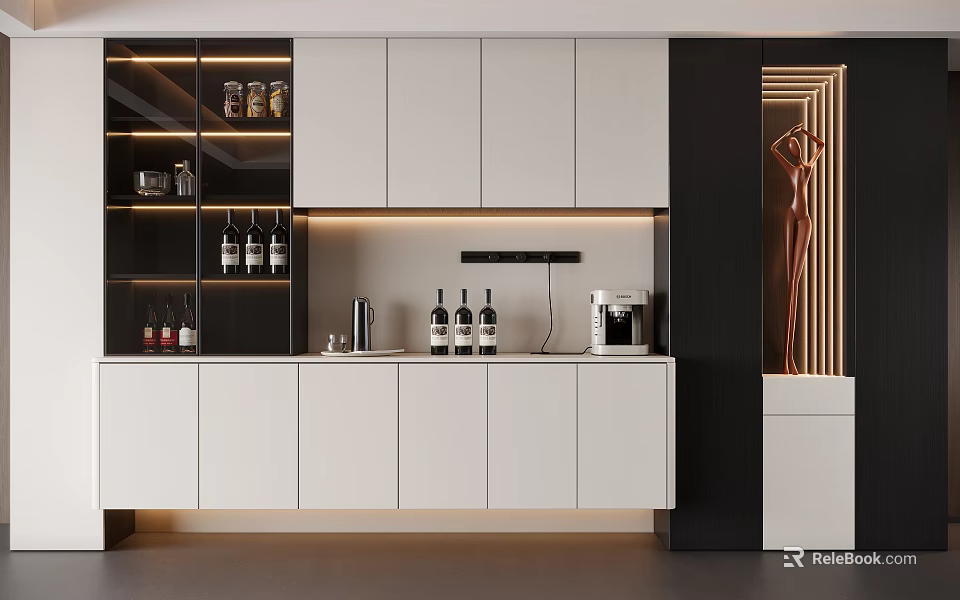 Modern Wine Cabinet Interior Design With White Cabinets Black Accents And Wine Bottles 3d model 