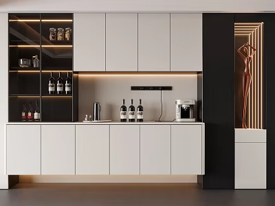 Modern Wine Cabinet Interior Design With White Cabinets Black Accents And Wine Bottles 3d model