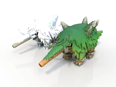 Green And White Fantasy Creature Figurines With Leafy Cover Horns And Long Trunks 3d model
