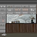 Elegant Modern Wine Cabinet With Glass Doors Wine Glasses Bottles And Marble Countertop