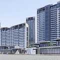 Modern High Rise Building Complex With Water Reflection And Contemporary Facade Design