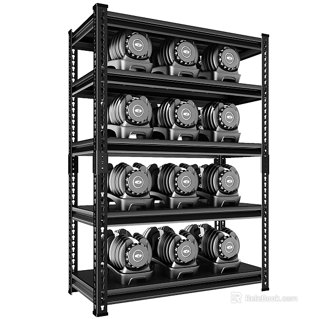 Heavy Duty Metal Storage Shelf With Multiple Layers Holding Dumbbells For Home Gym 3d model 