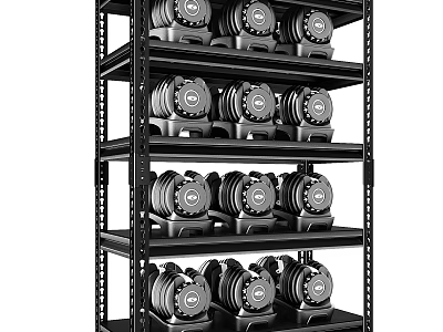 Heavy Duty Metal Storage Shelf With Multiple Layers Holding Dumbbells For Home Gym 3d model