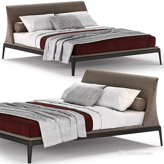 Modern Comfortable Double Bed With Soft Gray White Pillows And Red Blanket 3d model