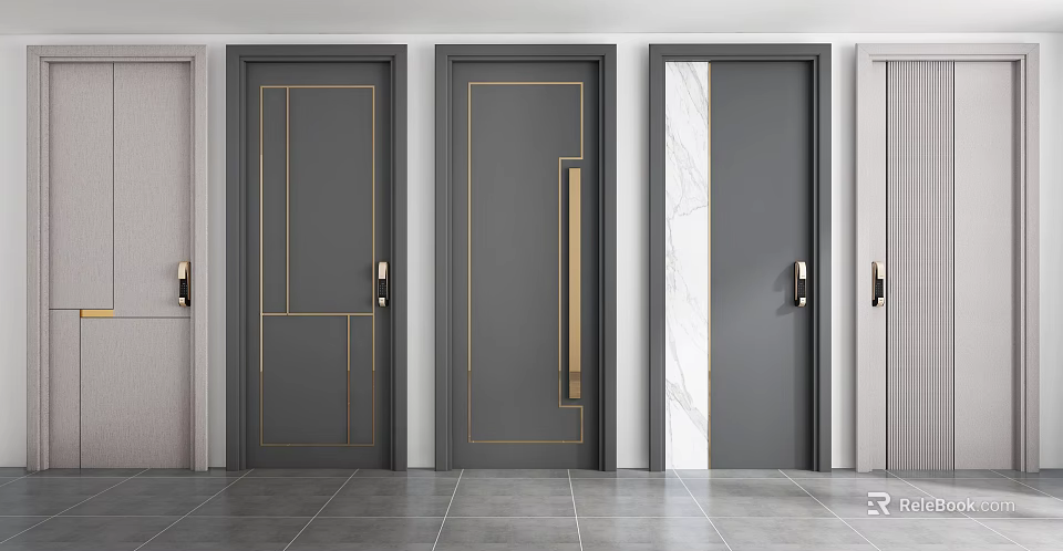 Modern Interior Swing Doors With Gray Finish Golden Lines And Marble Panels 3d model 