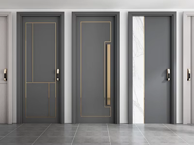 Modern Interior Swing Doors With Gray Finish Golden Lines And Marble Panels 3d model