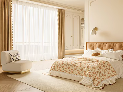 Cozy Bedroom Interior With Floral Quilt Accent Chair Curtains Beige Walls And Wooden Floor 3d model