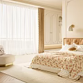 Cozy Bedroom Interior With Floral Quilt Accent Chair Curtains Beige Walls And Wooden Floor