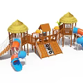 Wooden Playground Equipment With Thatched Roof Playhouse Slide And Climbing Frames