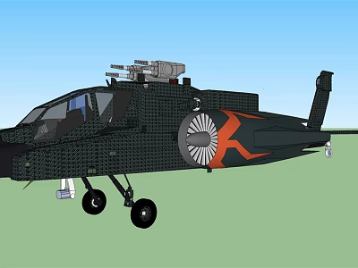 Black Helicopter With Orange K Logo And Weapons Against Blue Sky Green Grass 3d model