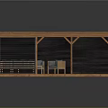 Cartoon Style Wooden Gazebo With Blue Solar Panel Roof Sofa Table Chairs And Black Shutters