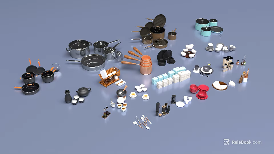 Modern Dinnerware Set With Cooking Pots Pans Bowls Plates Cups And Utensils 3d model 