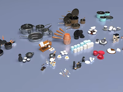 Modern Dinnerware Set With Cooking Pots Pans Bowls Plates Cups And Utensils 3d model