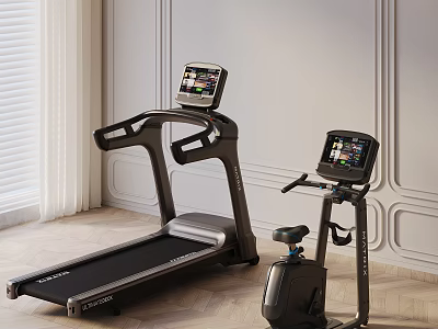 Modern Fitness Equipment Treadmill And Exercise Bike With Digital Screens In Indoor Wooden Floor Room 3d model