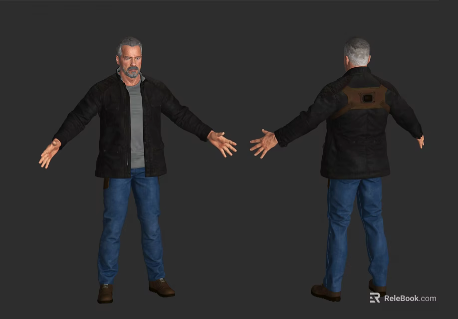 Man Wearing Black Jacket Gray Shirt Blue Jeans with Open Arms Front and Back Views 3d model 