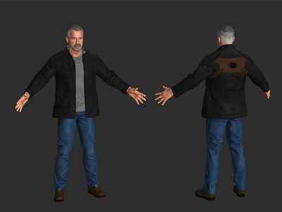 Man Wearing Black Jacket Gray Shirt Blue Jeans with Open Arms Front and Back Views 3d model