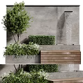 Garden Ornament Featuring Green Plants Tree Trimmed Hedge Waterfall Stone Wall And Wooden Structure