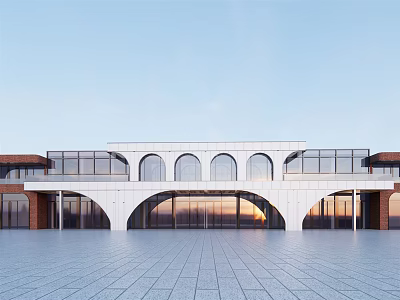 Modern White Sales Office Building With Arched Windows Glass Curtain Wall And Spacious Plaza 3d model