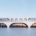Modern White Sales Office Building With Arched Windows Glass Curtain Wall And Spacious Plaza