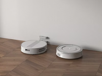 Smart Robotic Vacuum Cleaners Two White Units With Charging Dock on Wooden Floor 3d model