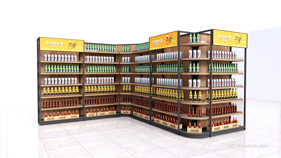 Retail Display Shelves With Multiple Layers Stocked Various Bottled Products And Top Signs 3d model 