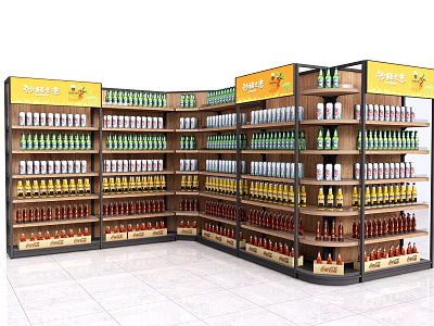 Retail Display Shelves With Multiple Layers Stocked Various Bottled Products And Top Signs 3d model